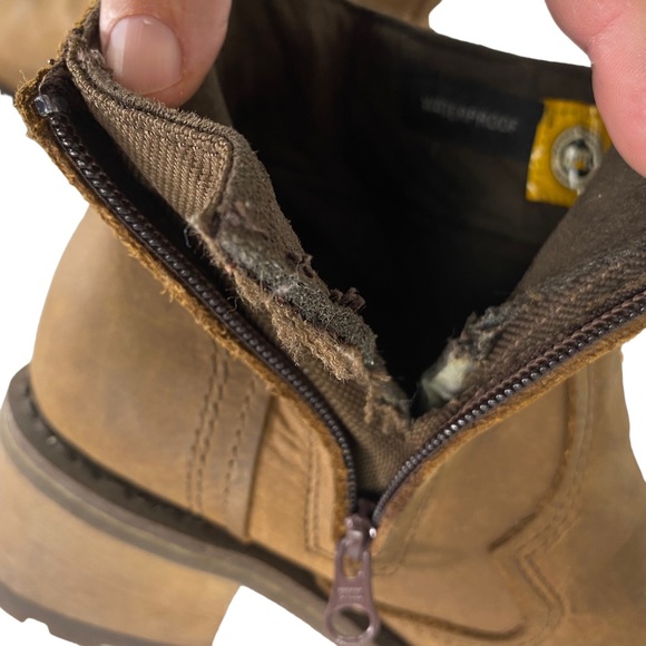 Caterpillar Brown Leather Work Boots Waterproof Moto Engineer Chunky Heel FLAW - Picture 12 of 14